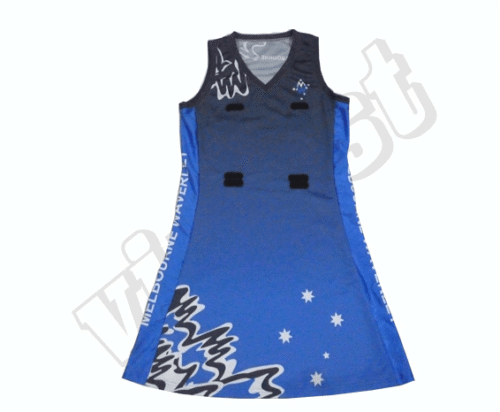 Royal Blue and Charcoal netball uniform with contrast panel styling