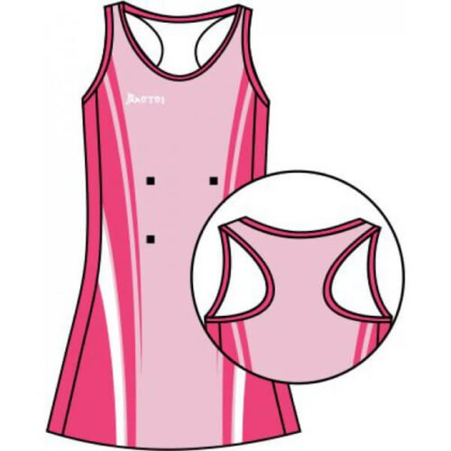 Silver and Pink netball uniform with clean panel styling