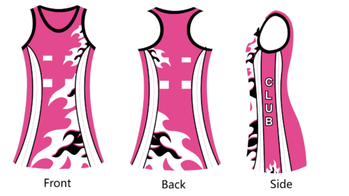 Pink and Magenta netball uniform with abstract graphic styling