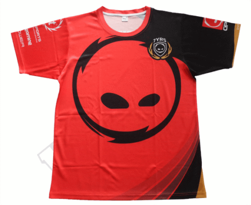 Red and Orange esports jersey with contrast panel styling