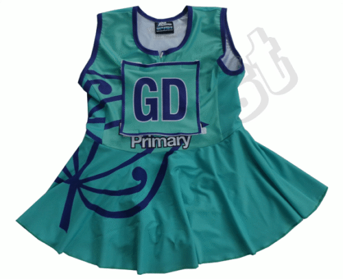 Teal and Navy netball uniform with contrast panel styling