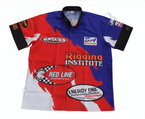 Red and Navy racing crew shirt with contrast panel styling