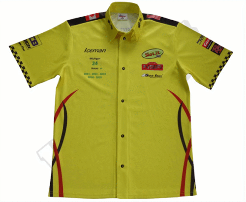 Gold and Brown racing crew shirt with contrast panel styling