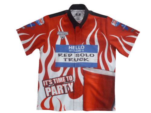 Red and Burgundy racing crew shirt with abstract graphic styling