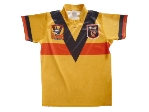 Gold and Red rugby jersey with contrast panel styling