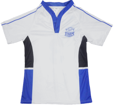 White and Royal Blue rugby jersey with contrast panel styling