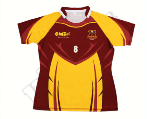 Burgundy and Yellow rugby jersey with contrast panel styling