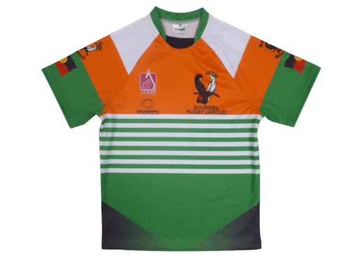 Orange and Emerald rugby jersey with abstract graphic styling