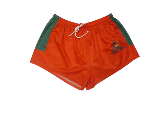 Red and Orange rugby shorts with contrast panel styling