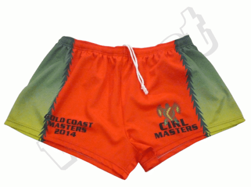 Red and Orange rugby shorts with contrast panel styling