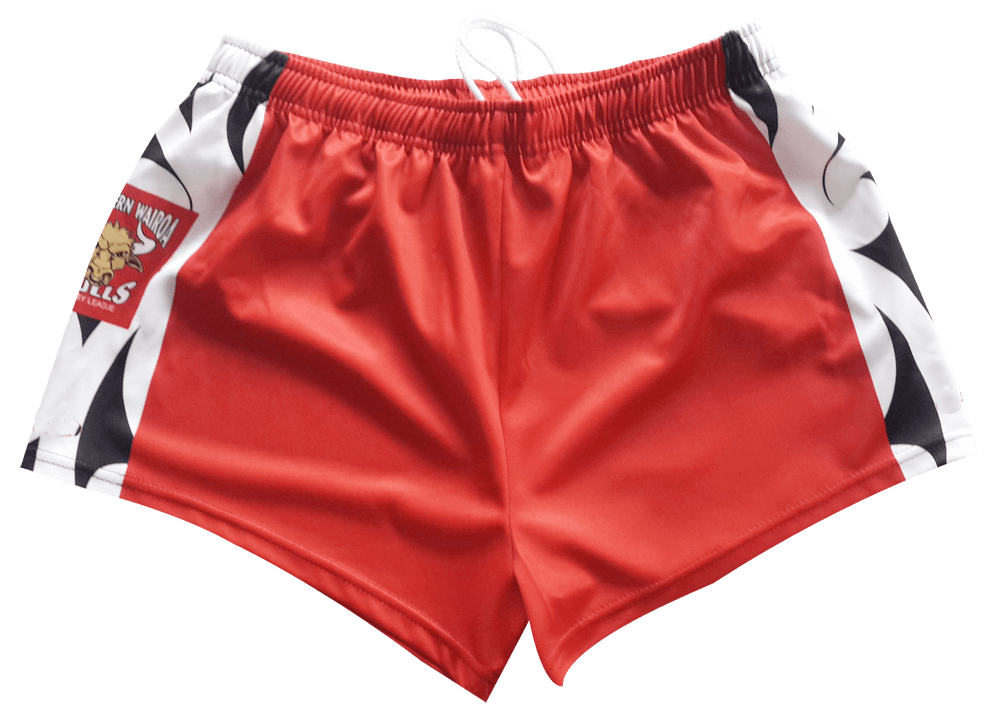 Red and Burgundy Rugby Shorts with Contrast Panel and Angular Styling 17 Red and Burgundy rugby shorts with contrast panel styling