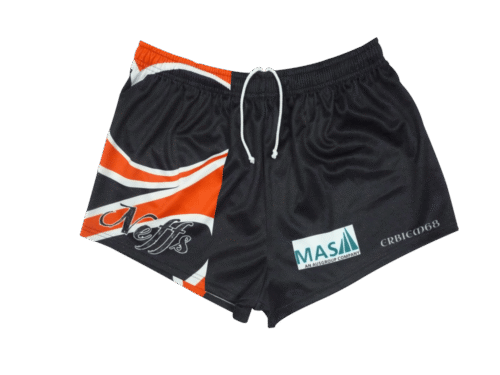 Black and Orange rugby shorts with clean panel styling