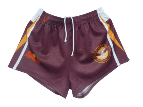 Burgundy and Brown rugby shorts with abstract graphic styling