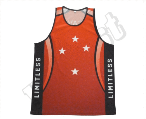 Red and Burgundy team singlet with contrast panel styling