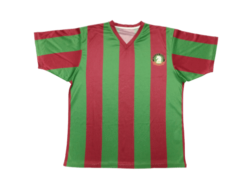 Emerald and Red soccer jersey with abstract graphic styling