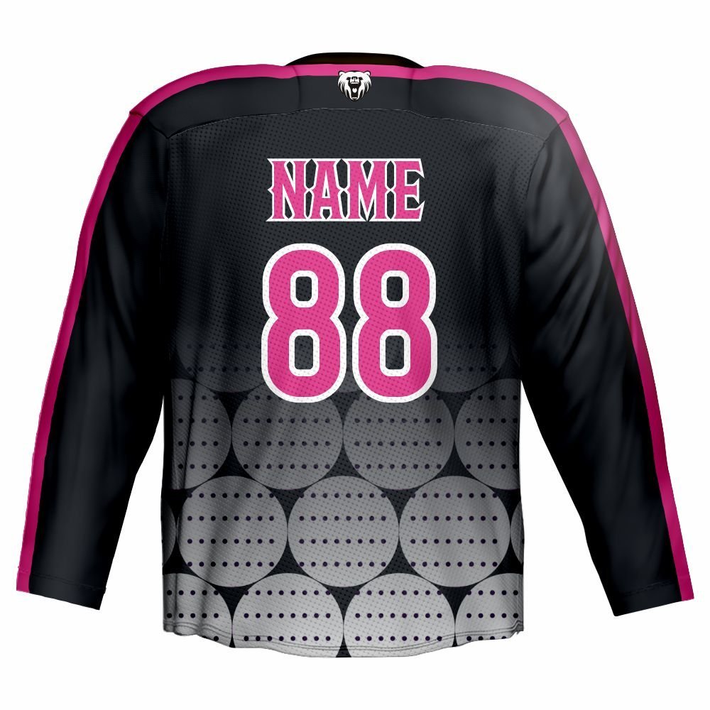 Black and Pink Geometric Sublimated Ice Hockey Jersey 6 Black and pink geometric sublimated ice hockey jersey back view