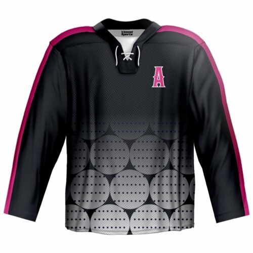 Black and pink geometric sublimated ice hockey jersey front view