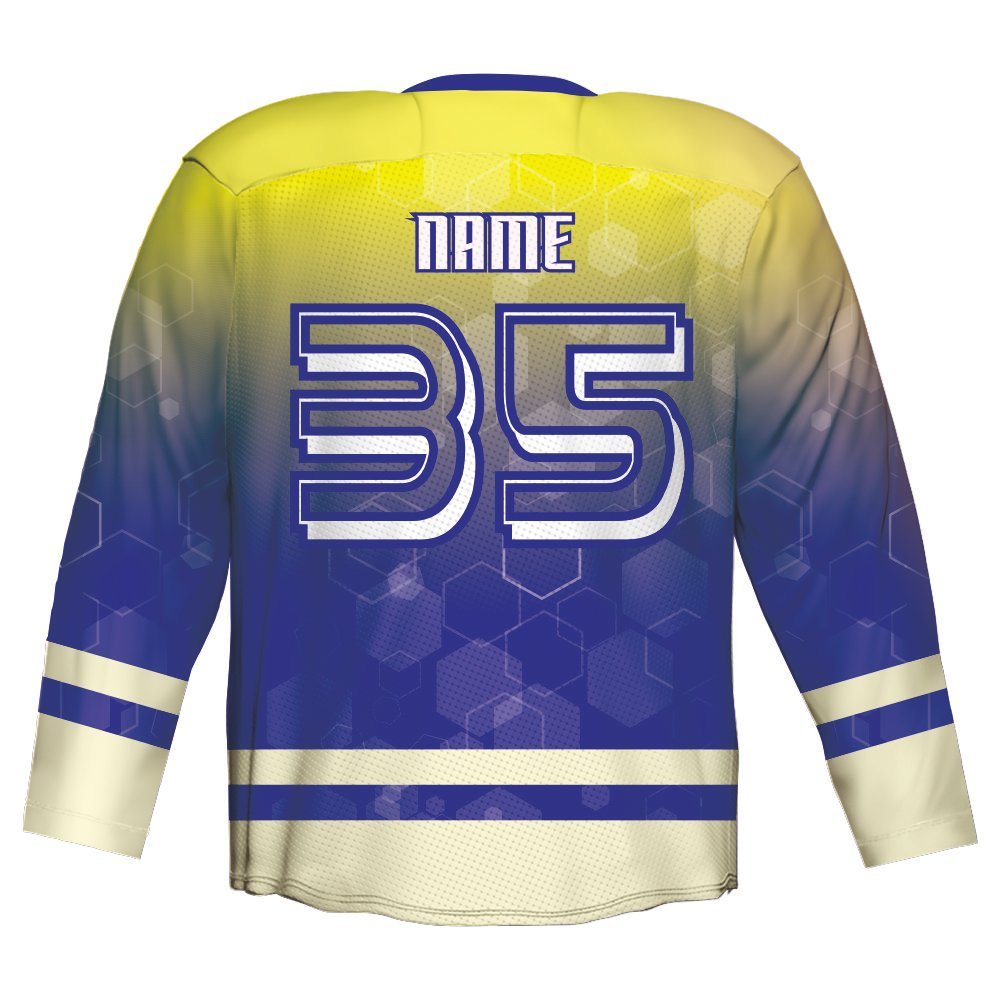 Blue and Yellow Hexagon Custom Ice Hockey Jersey 6 Blue and yellow hexagon custom ice hockey jersey back view