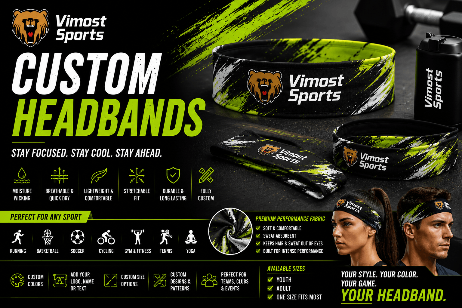 Custom Dynamic Headband 14 custom headbands manufacturer showing custom logo, colors and sublimation artwork by Vimost Sports