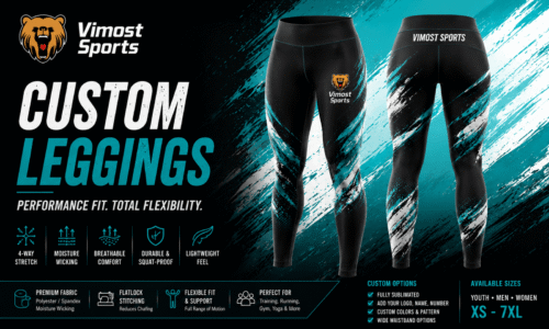 Custom Training Leggings 12 custom leggings manufacturer showing custom logo, colors and sublimation artwork by Vimost Sports