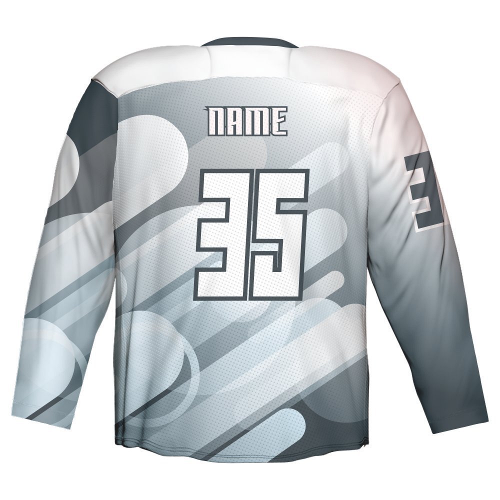 Grey and White Abstract Sublimated Ice Hockey Jersey 6 Grey and white abstract sublimated ice hockey jersey back view