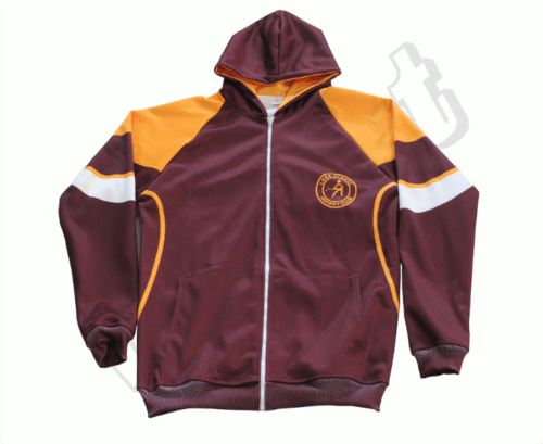 Burgundy and Brown team hoodie with contrast panel styling
