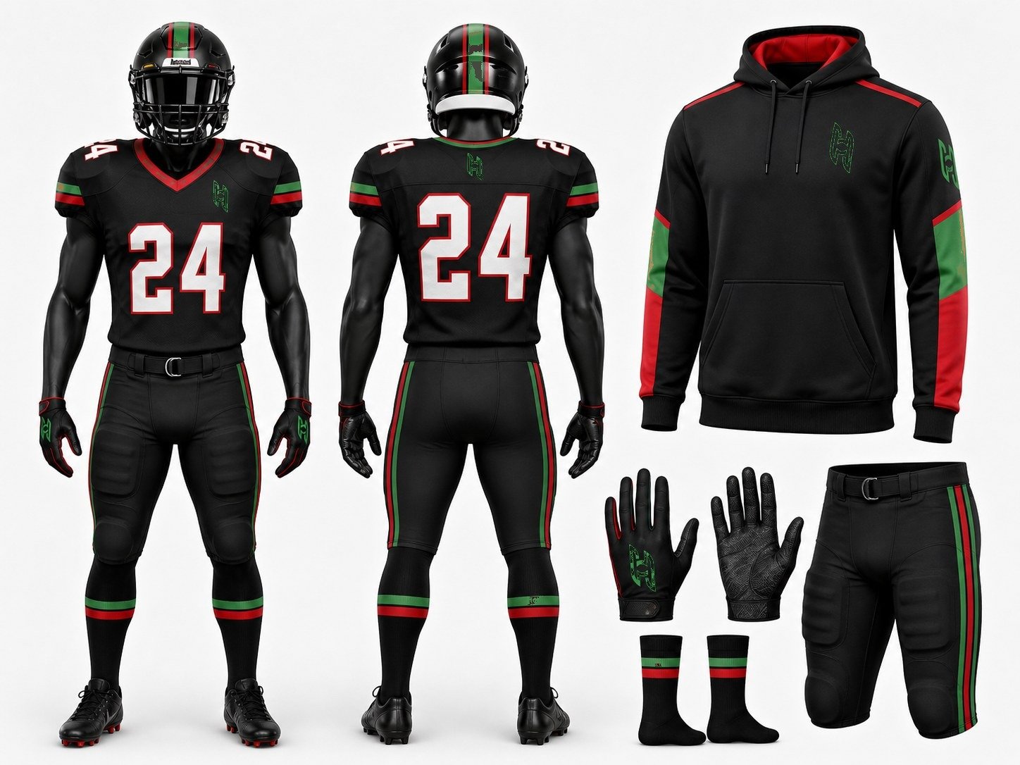 Hoy Sports custom American football uniforms with jerseys, pants, socks, gloves and team hoodie