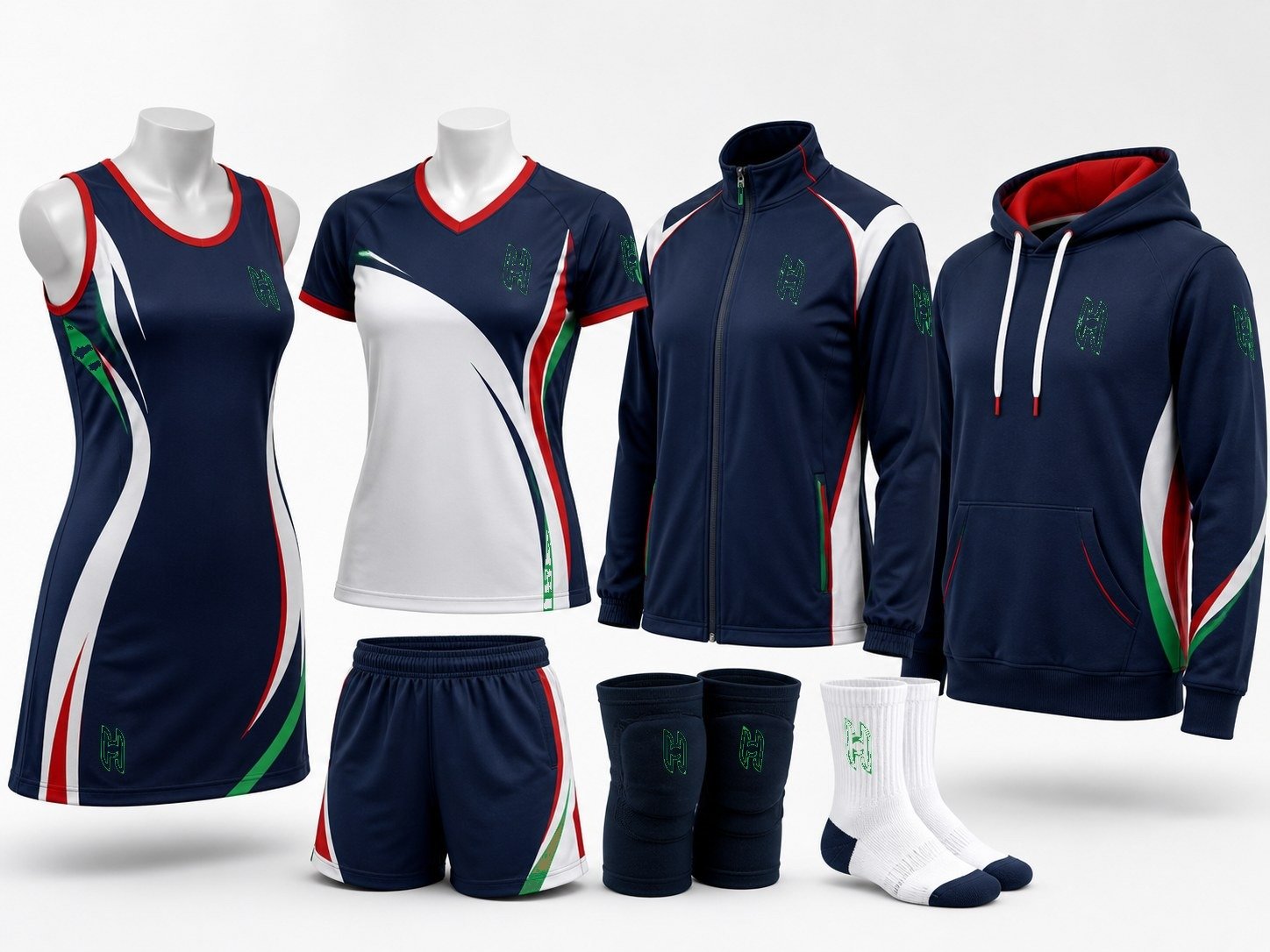 Hoy Sports custom netball and volleyball uniforms with dress, jersey, shorts, warm-up jacket, hoodie and socks