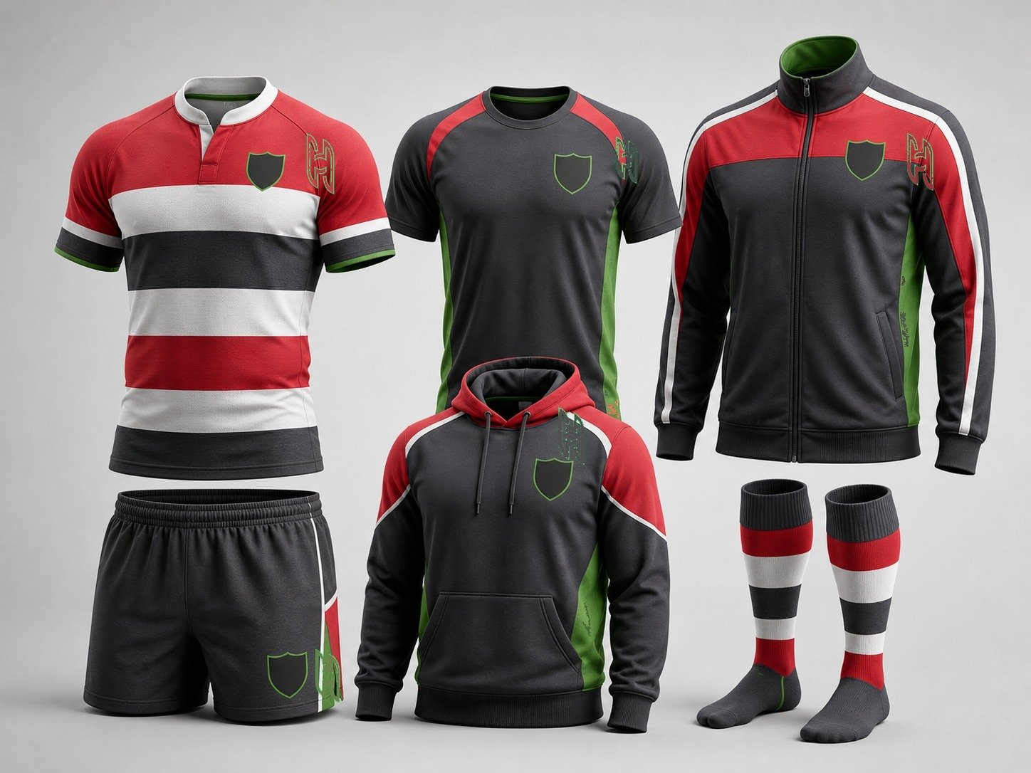 Hoy Sports custom rugby uniforms with jerseys, shorts, socks, training top, jacket and hoodie