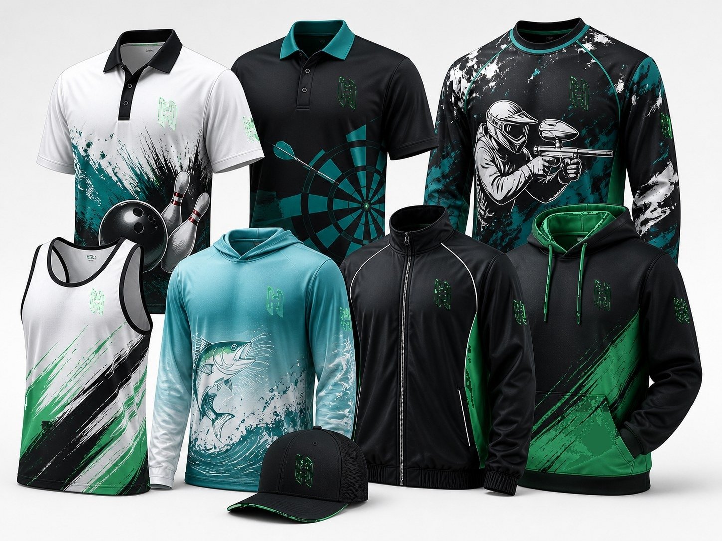 Hoy Sports custom specialty sports apparel with bowling shirt, darts polo, paintball jersey, running singlet, fishing shirt, jacket and hoodie