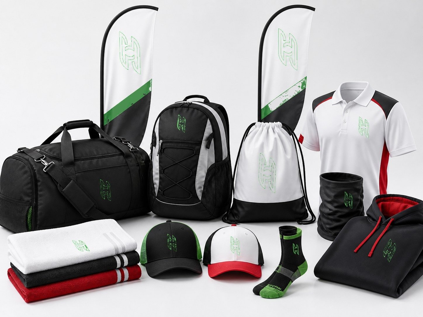 Hoy Sports custom team accessories and club merchandise with bags, caps, towels, socks, flags and apparel
