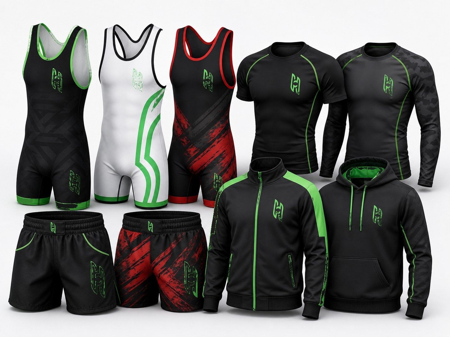 Hoy Sports custom wrestling singlets and combat sport teamwear with compression tops, fight shorts, jacket and hoodie