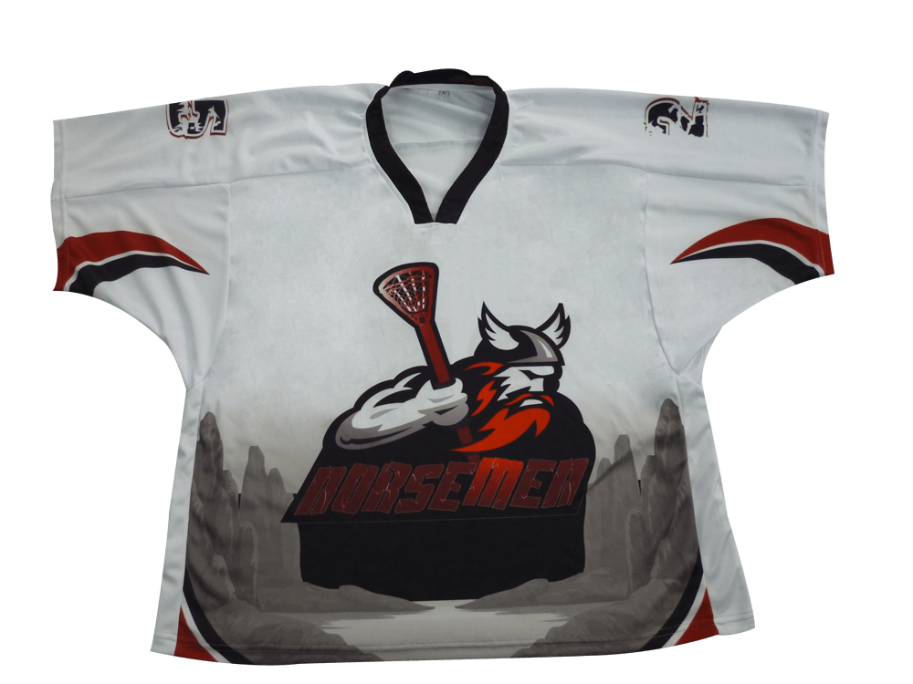 Silver and Red Lacrosse Jersey with Clean Panel and Angular Styling 6 Custom Modern Lacrosse Jersey Design product view