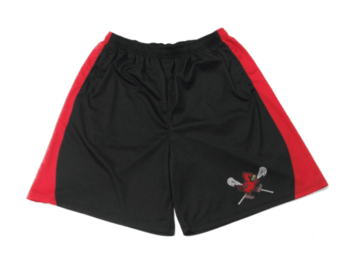 Black and Red Lacrosse Shorts with Contrast Panel and Crest Styling 11 Black and Red lacrosse shorts with contrast panel styling