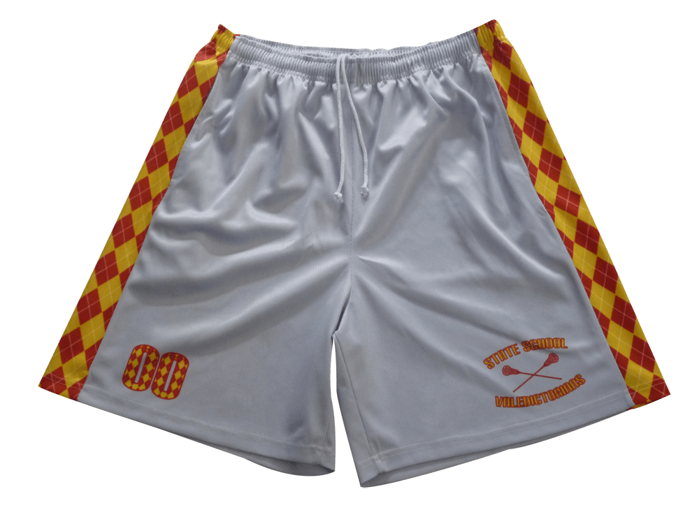 Silver and Charcoal Lacrosse Shorts with Contrast Panel and Mosaic Styling 5 Custom Motion Lacrosse Shorts product view