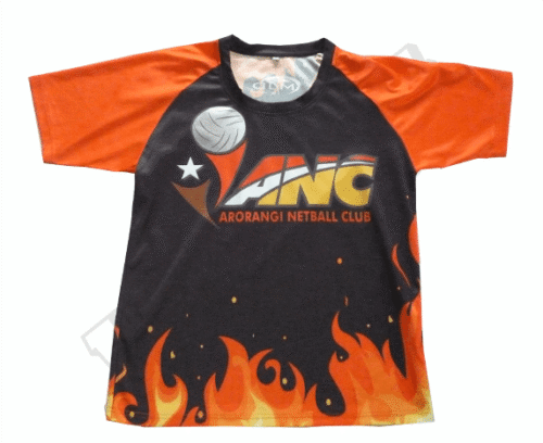Charcoal and Orange netball uniform with contrast panel styling