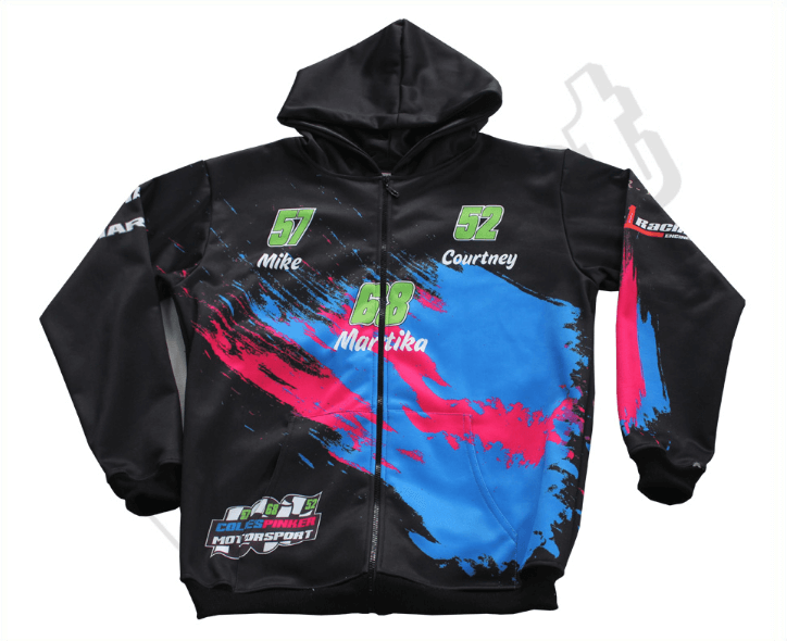 Black and Silver Team Hoodie with Contrast Panel and Stripe Styling 6 Custom Modern Racing Team Hoodie product view